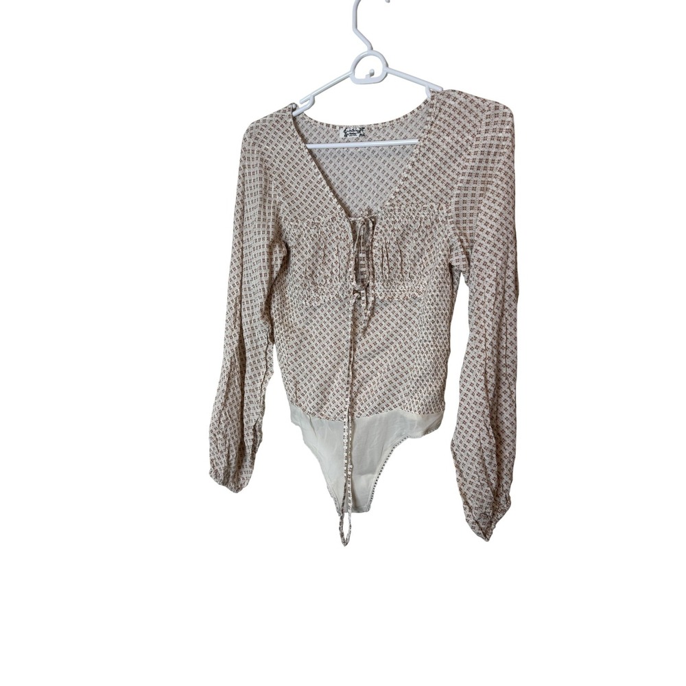 Intimately Free People Bodysuit Womens XS Beige Geometric Sheer Long Sleeve